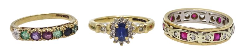 Gold sapphire and diamond cluster ring, gold gem stone set ring and a stone set eternity ring, all h