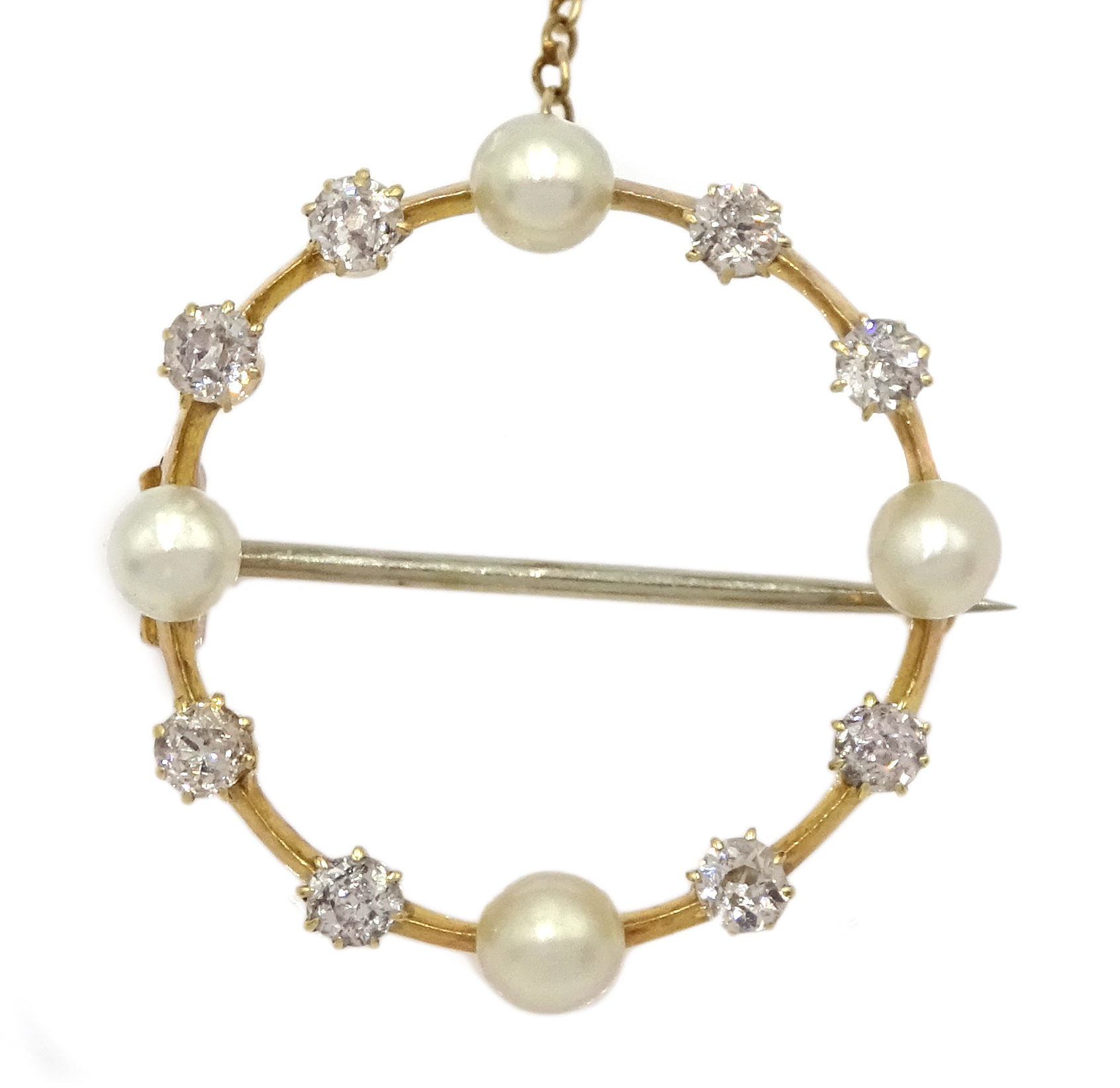 Edwardian gold diamond and pearl circular brooch, stamped 15ct - Image 2 of 3