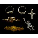 Two gold stone set brooches, two stone set rings, split pearl cross pendant, all 9ct stamped or hall