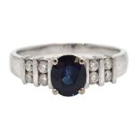 18ct white gold oval sapphire ring, with diamond set shoulders, stamped 750