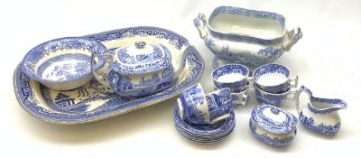 A Spode Italian pattern blue and white teaset, comprising teapot, six teacups, six saucers, milk jug