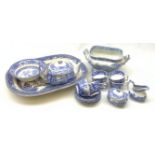 A Spode Italian pattern blue and white teaset, comprising teapot, six teacups, six saucers, milk jug