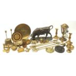 A collection of brassware, to include candlesticks, dishes, toasting forks, and lantern, plus a smal