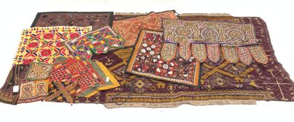 Two Indian Rajasthan tent hangings, worked in coloured threads with suspending fabric panels, large