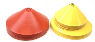 A collection of painted metal ceiling light shades, comprising ten red examples, D45cm, seven yellow