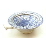 Victorian blue and white transfer printed toilet bowl, the interior decorated with a landscape scene