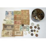 Mainly 20th Century foreign coins and banknotes including Great Britain half crowns 1923, 1931, 1935