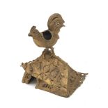 A late 19th century Japanese bronze incense burner, modelled as a cockerel standing upon the roof of