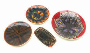 Four pieces of Poole Delphis Pottery, comprising a large bowl, shape 4, D27cm, two smaller dishes, s