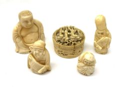 Three carved Japanese ivory netsukes modelled as three of the Lucky Gods, largest H5cm, together wit