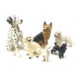 A Beswick fireside dalmation, No 2271, H35cm (a/f), a Kingston Pottery Alsatian, a Beswick Poodle, H