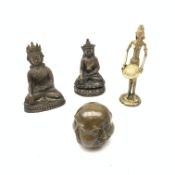 Two bronze effect Tibetan Buddhas, largest H15cm, a bronzed four faced Buddha with character mark be