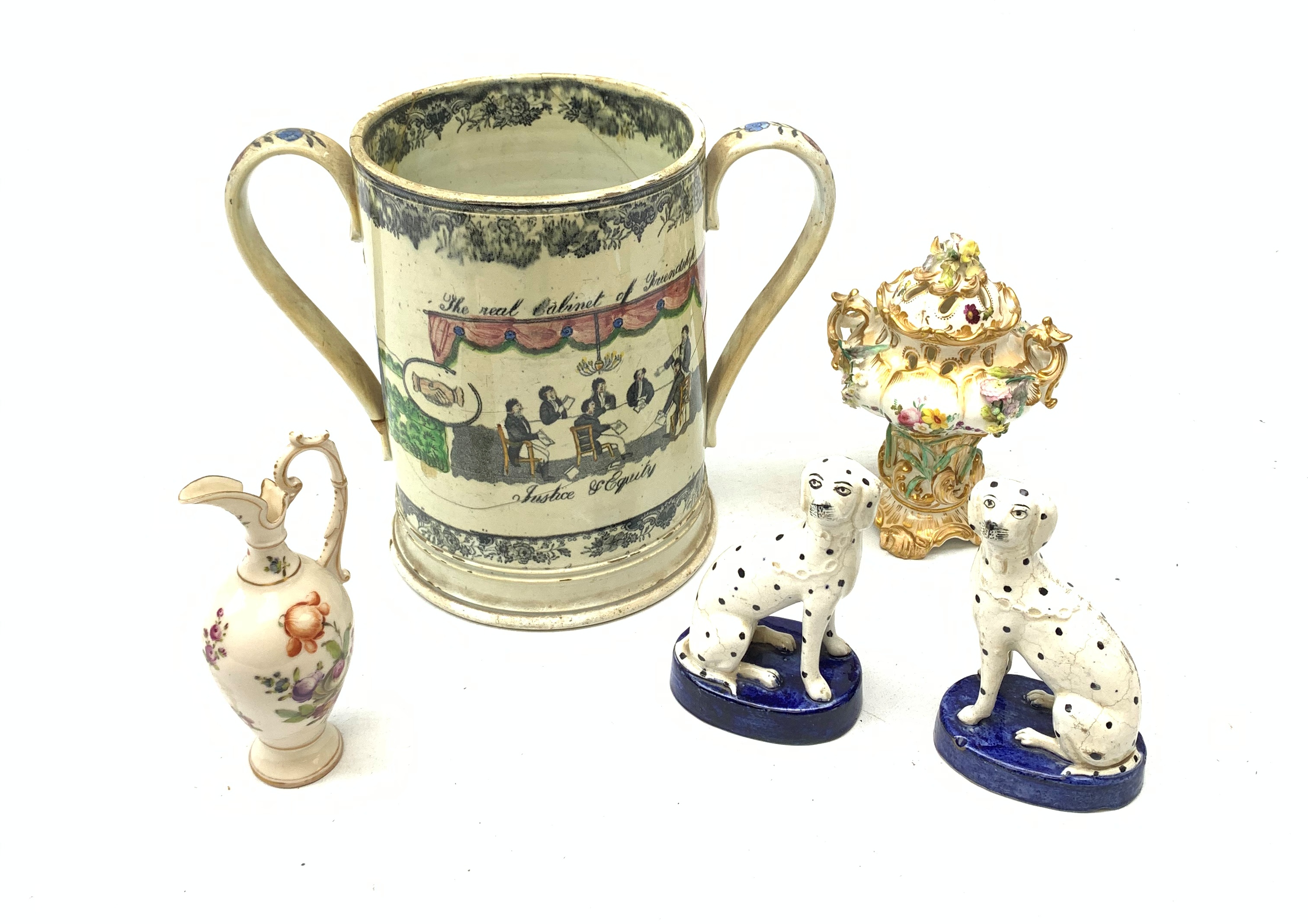 A large 19th century Staffordshire loving cup, detailed 'The Real Cabinet of Friendship Justice and