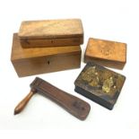 A walnut cigar box, the hinged cover with inlaid crest, L20cm, together with a Japanese black lacque