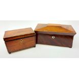 A 19th century mahogany tea caddy, of sarcophagus form and raised upon four bun feet, with inset mo