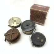 JW Young & Sons Ltd fly reel, in original packaging and three further reels