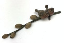 A 19th century cold painted bronze model of two robins perched upon a pussy willow branch, L14.