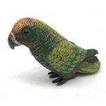 A late 19th century/early 20th century cold painted bronze model of a parrot with variegated green p