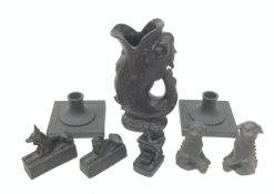 Wedgwood Basalt stoneware comprising: Foo Dog salt and pepper pots, pair of Classical style candlest