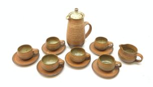 Glynn Hugo (b.1934), a studio pottery teaset, comprising tea pot, milk jug, six teacups, and six sau