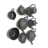 Wedgwood Basalt stoneware teapot and coffee bot with figural knop handles and similar six piece matc