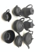 Wedgwood Basalt stoneware teapot and coffee bot with figural knop handles and similar six piece matc