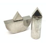 A pewter hip flask of geometric form, marked to base Troika, H9cm, together with a similar example,