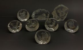 A group of eight Mats Jonasson Swedish intaglio moulded glass paperweights, largest 10.5cm.
