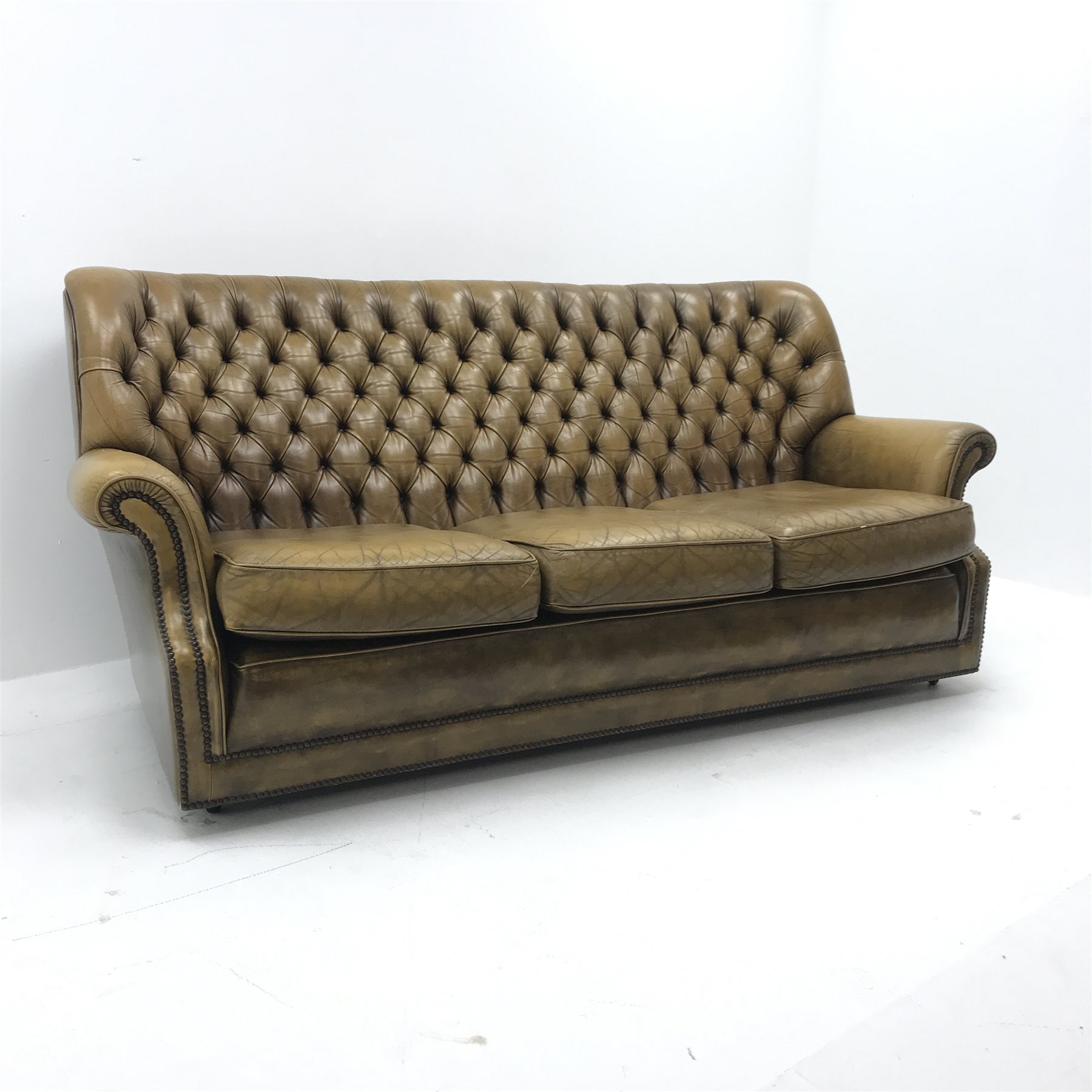 Pegasus three seat sofa upholstered in deeply buttoned antique brown leather, W185cm - Image 2 of 12