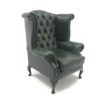 Queen Anne style wing back armchair upholstered in deep buttoned green leather, cabriole legs, W92cm