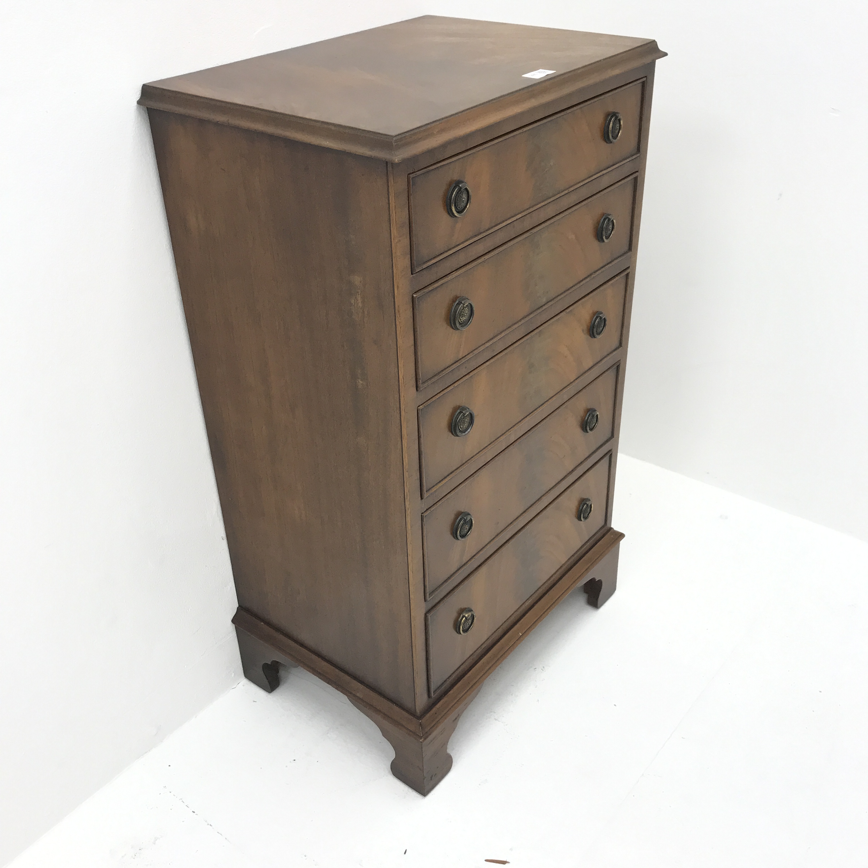 Regency style mahogany bow front chest, five graduating drawers, bracket shaped supports, W54cm, H93 - Image 5 of 6