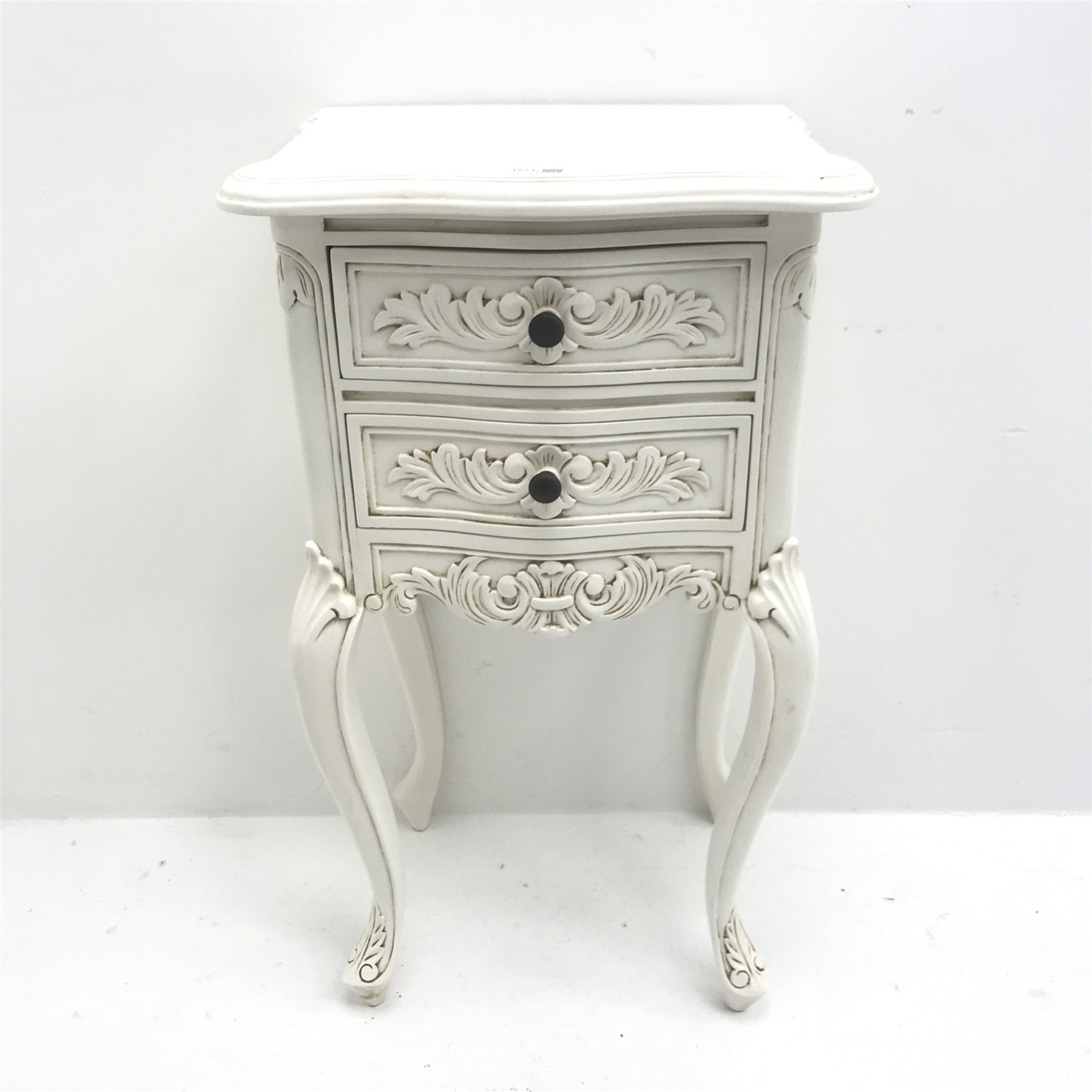 Pair French style two drawer bedside lamp chests, shaped top, two drawers, shell carved cabriole leg - Image 3 of 9