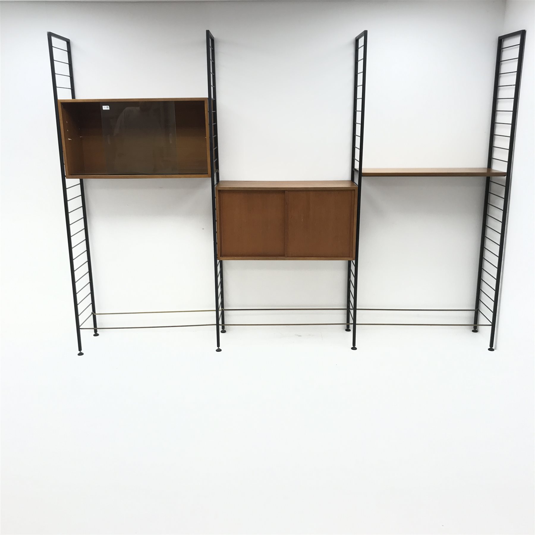 Staples Ladderax three bay sectional wall unit, two teak units comprising of solid and glazed slidin - Image 8 of 16