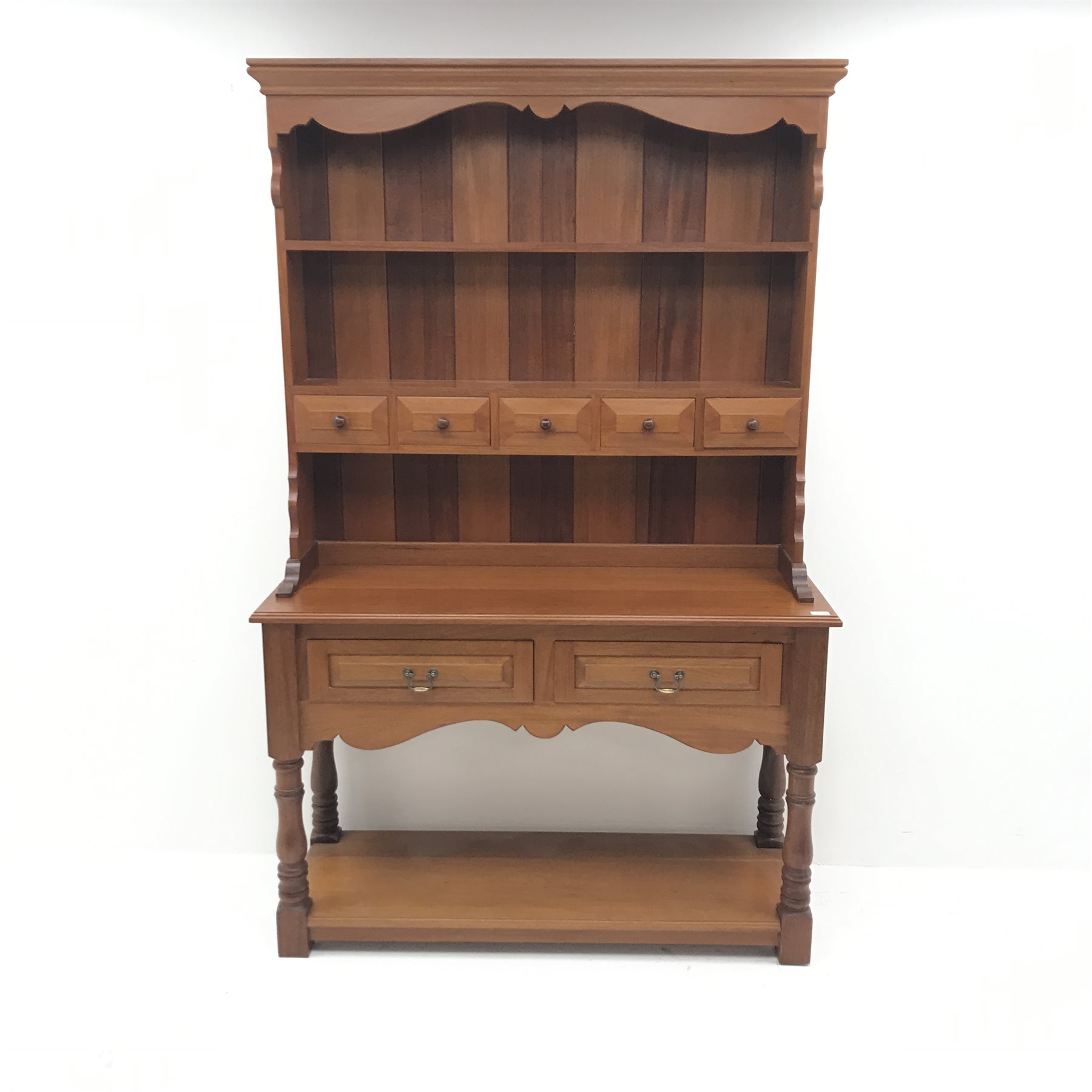 20th century mahogany dresser, raised two tier plate rack with five trinket and two drawers, turned - Image 3 of 10