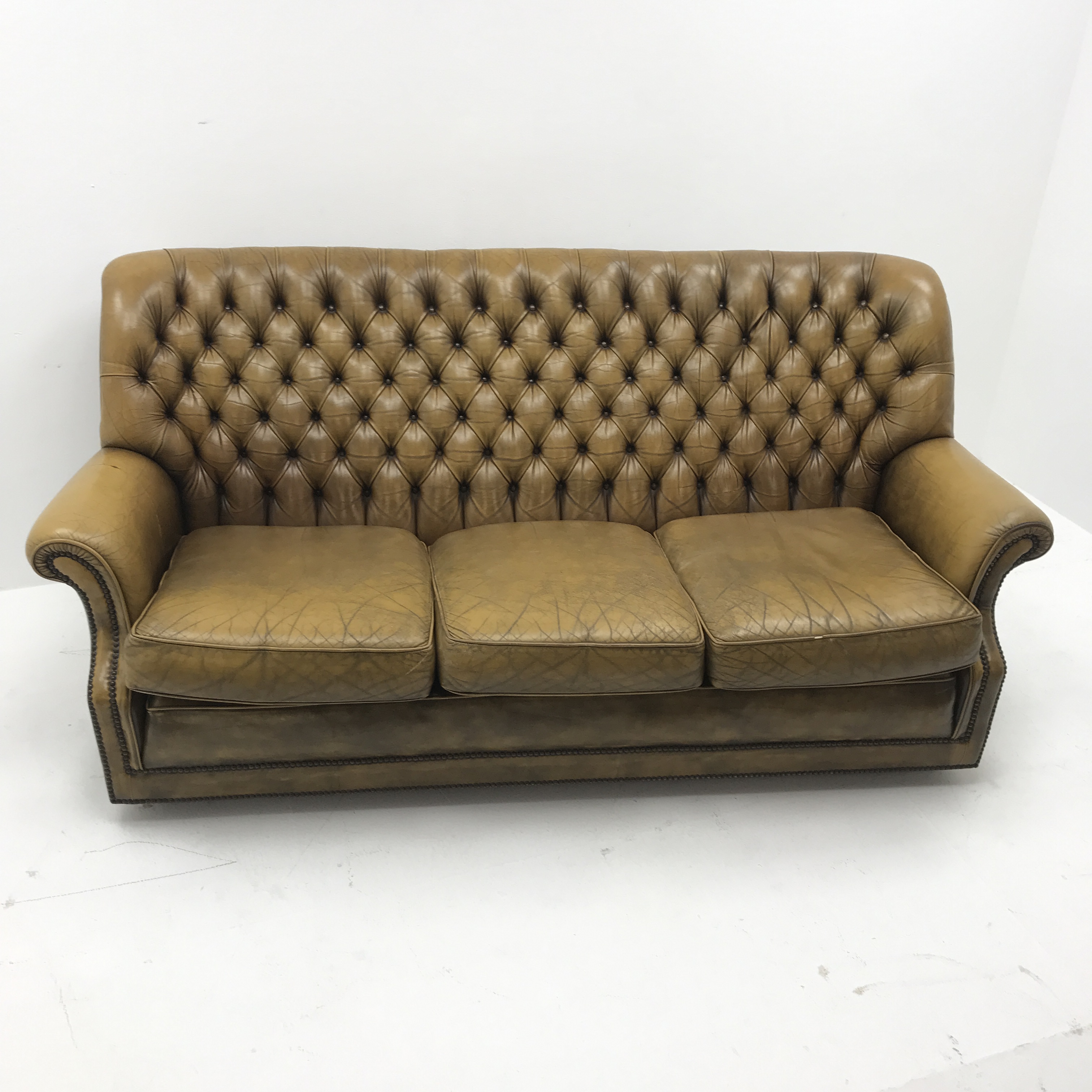 Pegasus three seat sofa upholstered in deeply buttoned antique brown leather, W185cm - Image 8 of 12