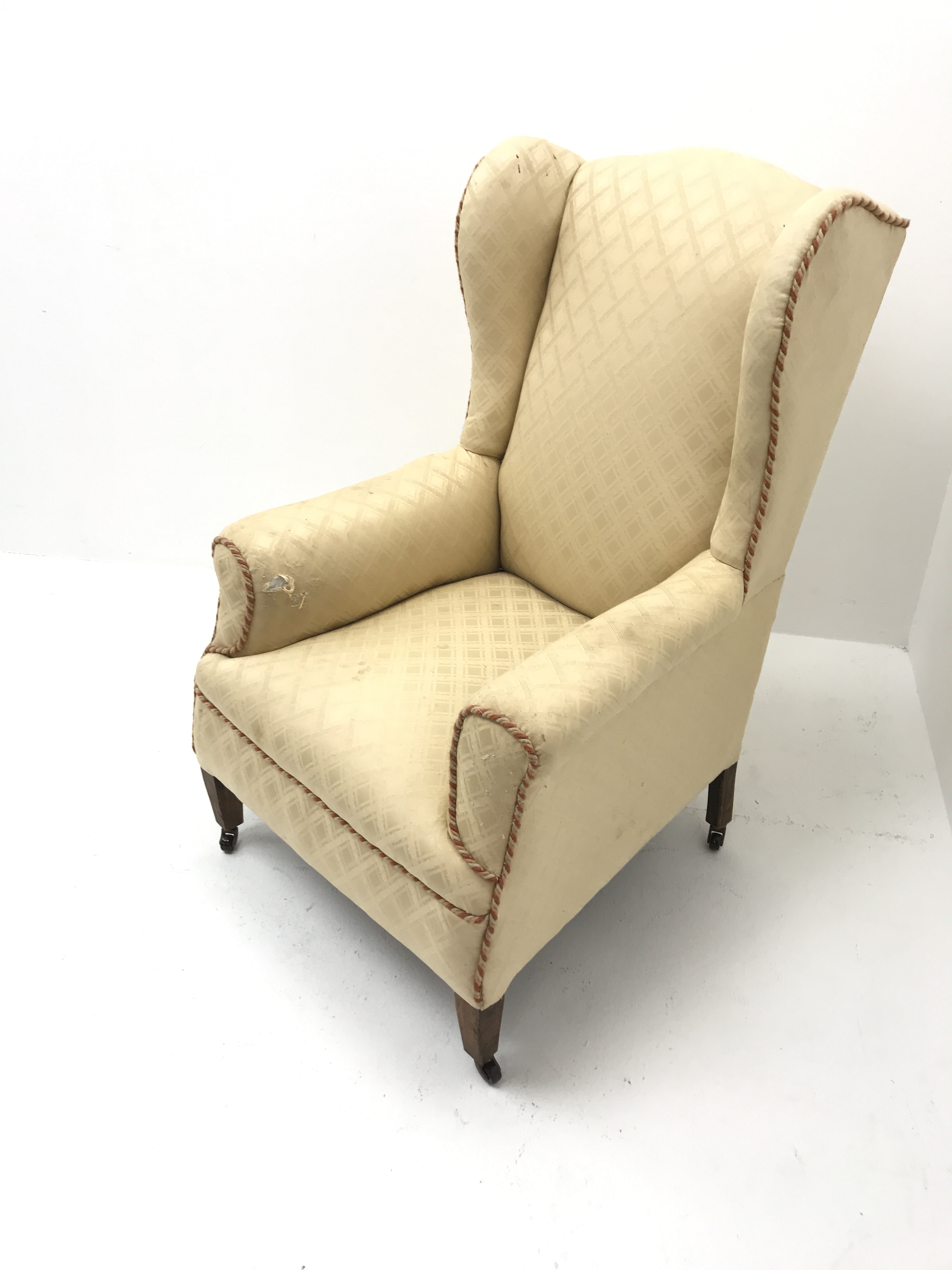 Early 20th century wing back armchair, upholstered in a beige fabric, square tapering supports, W72c - Image 4 of 4