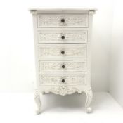 French style white finish pedestal chest, shaped top, five drawers, shell carved cabriole feet, W54c
