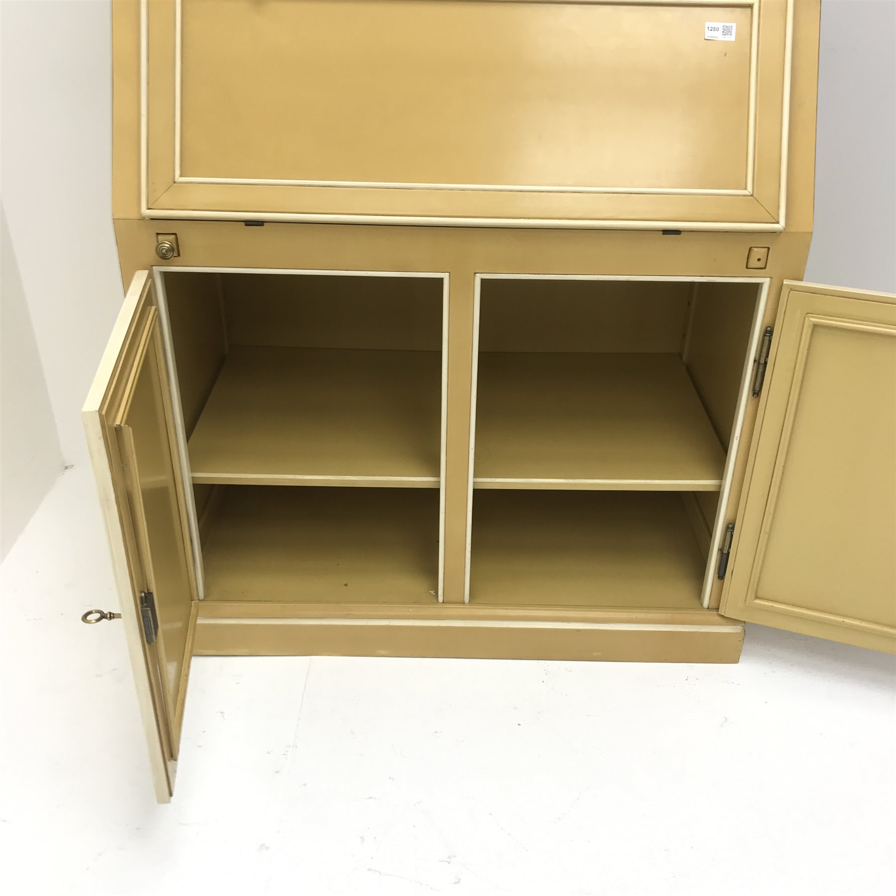 Painted bureau bookcase , projecting cornice, two doors above fall front enclosing fitted interior, - Image 5 of 8
