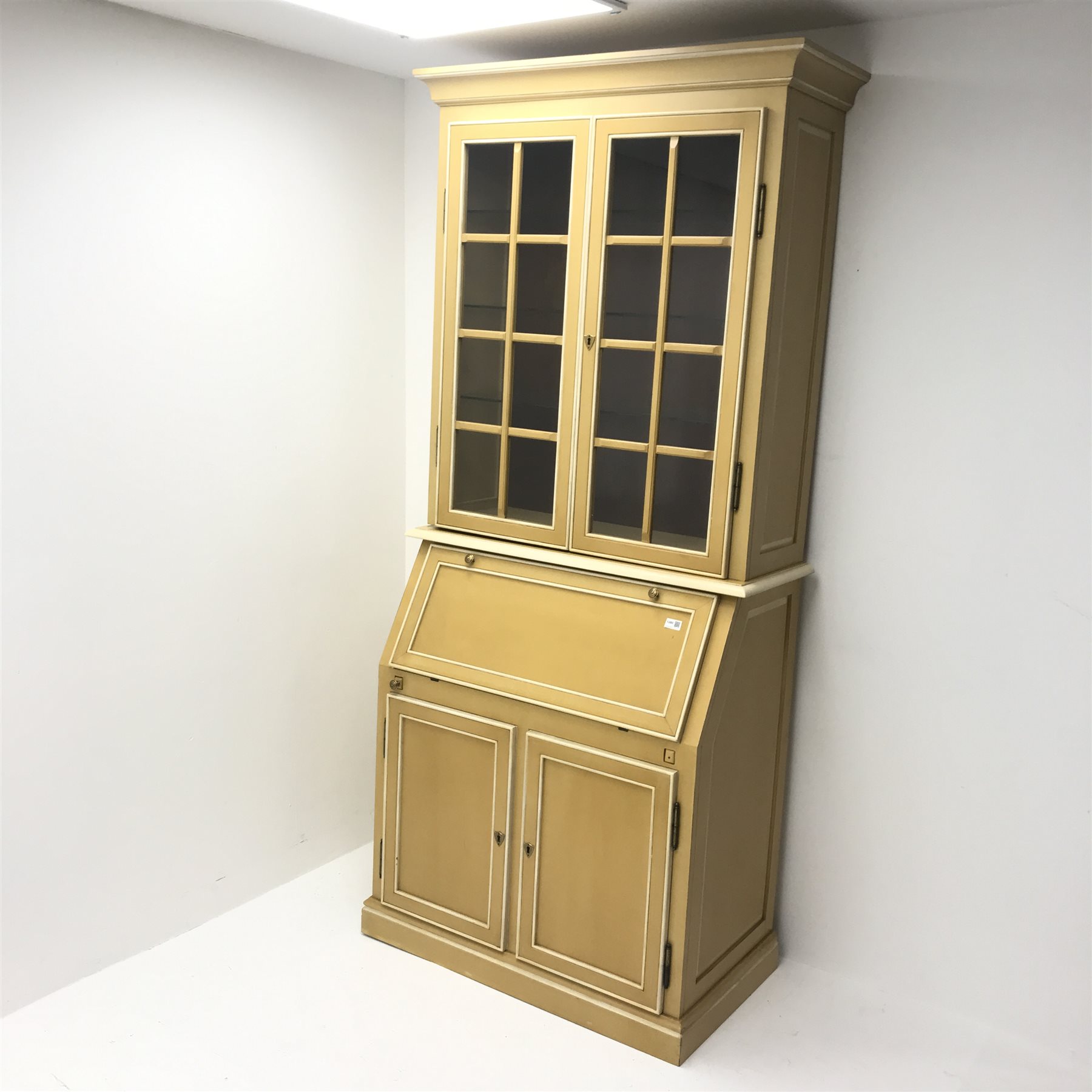 Painted bureau bookcase , projecting cornice, two doors above fall front enclosing fitted interior, - Image 2 of 8