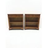 Pair inlaid yew wood open bookcases, two drawers above single shelf, shaped bracket supports, W76cm