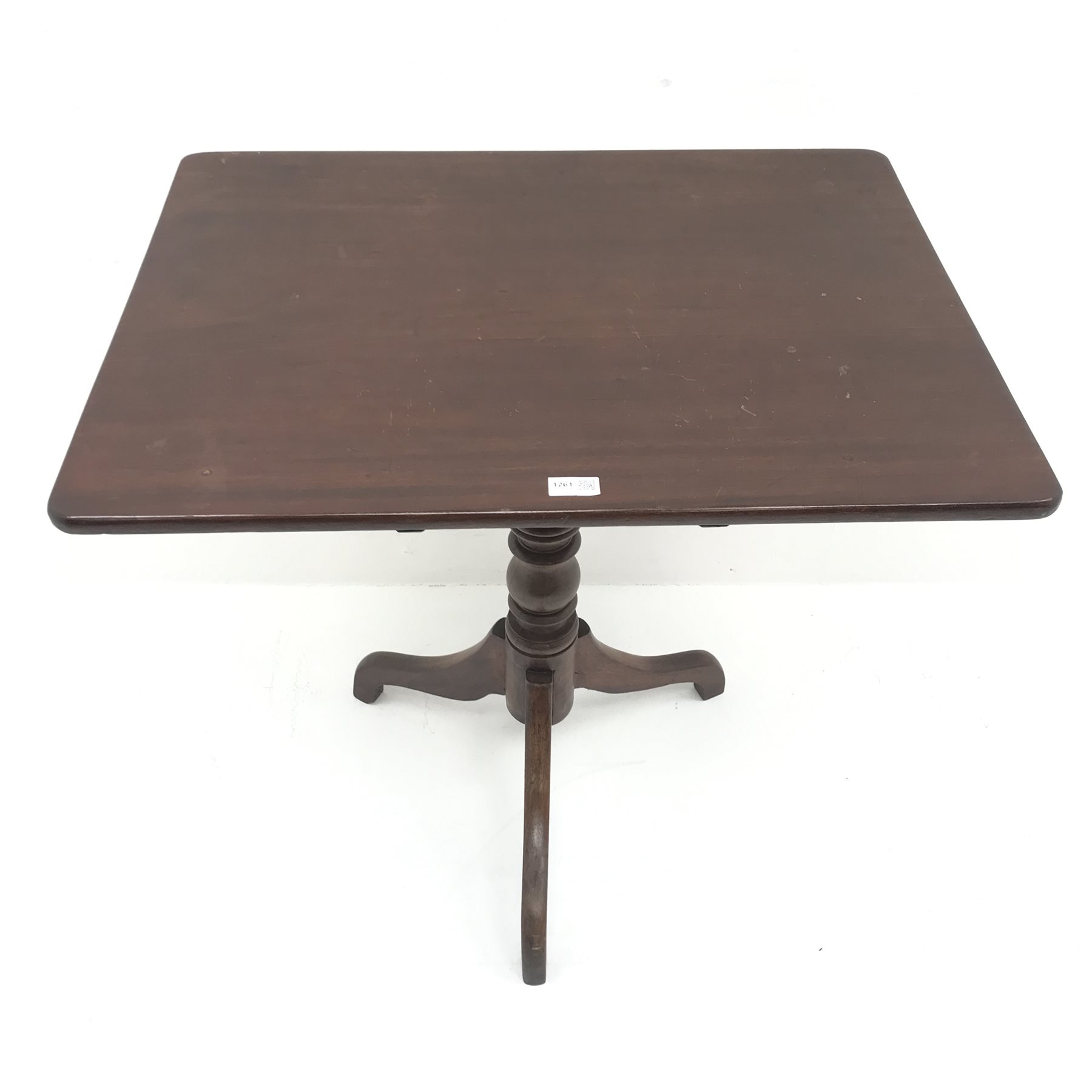 19th century mahogany tilt top table, single turned column on tripod base, W75cm, H71cm, D85cm - Image 3 of 6