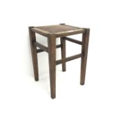 Arts and crafts oak stool, leather upholstered seat, square tapering supports, W32cm, H46cm, D32cm