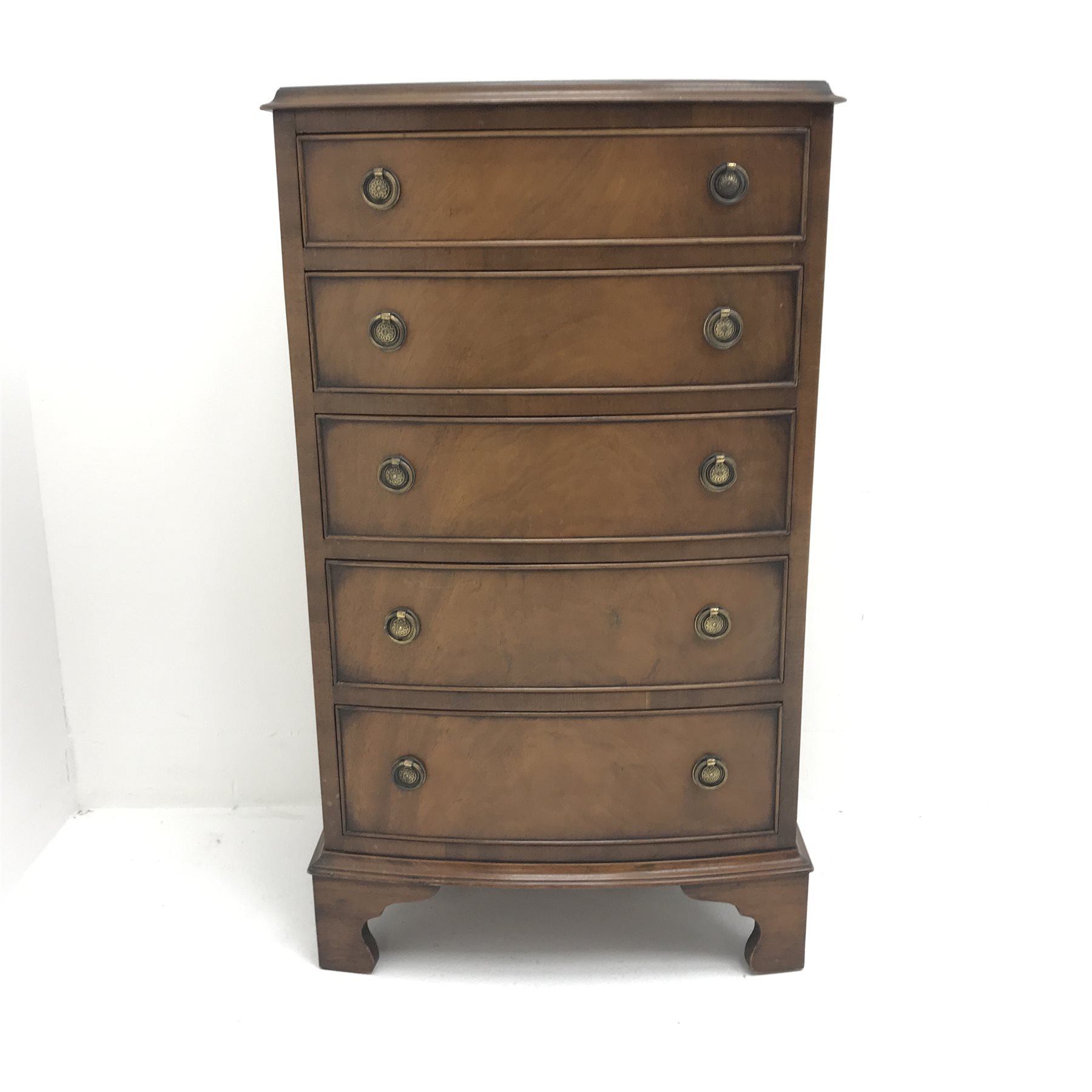 Regency style mahogany bow front chest, five graduating drawers, bracket shaped supports, W54cm, H93 - Image 2 of 8