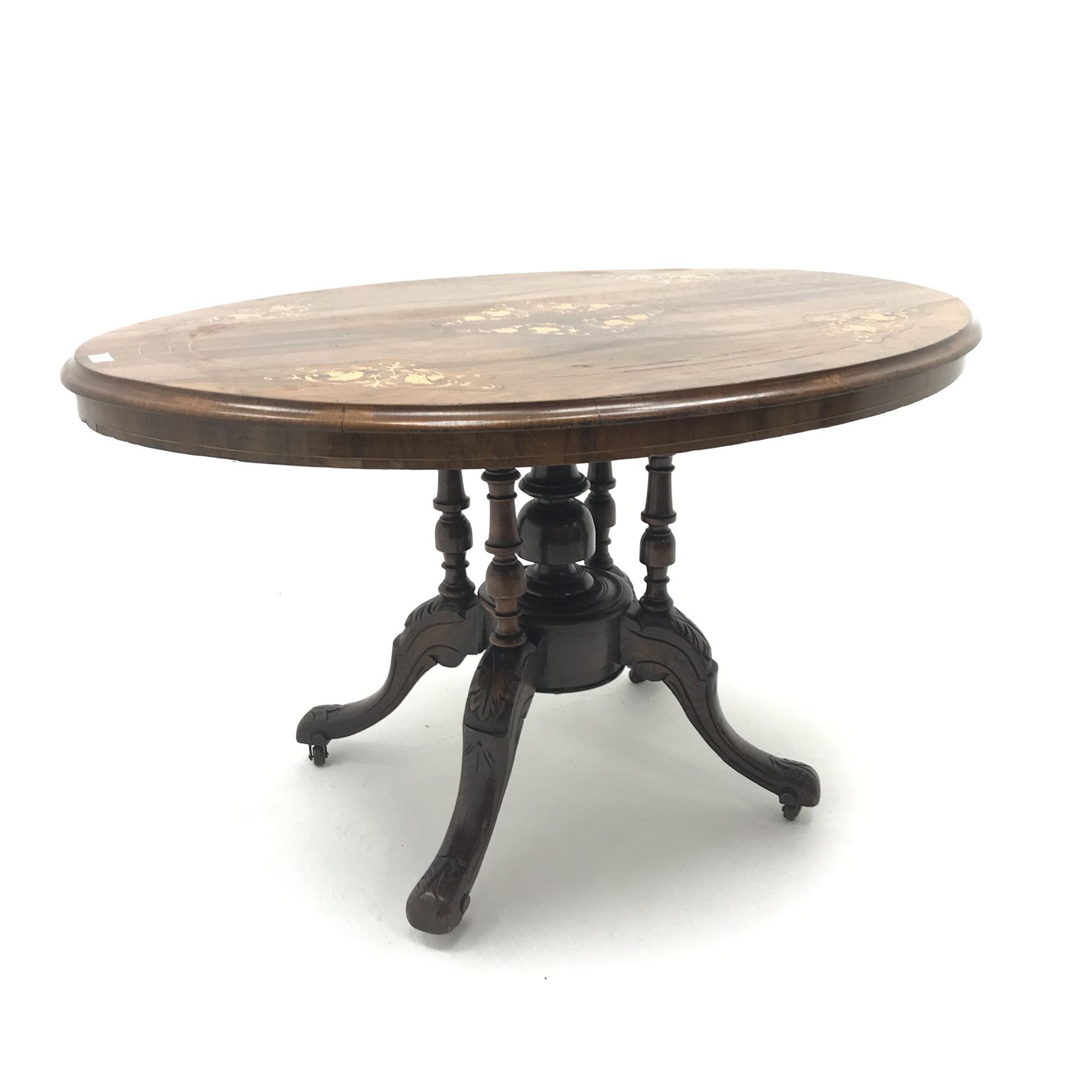 Victorian inlaid oval walnut loo table, five turned columns on four carved scrolling feet, W119cm, H - Image 2 of 10