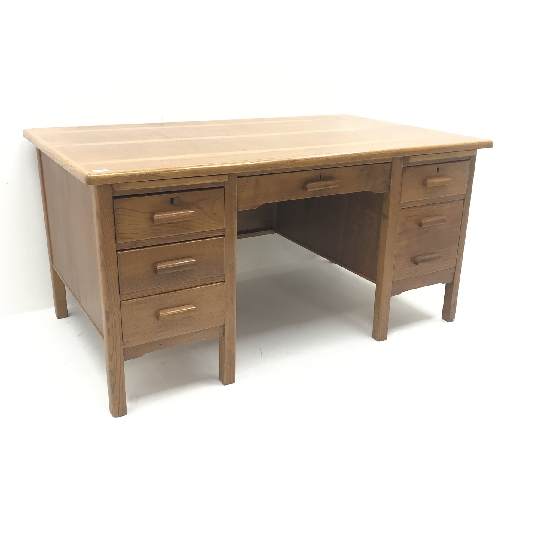 20th century medium oak desk, two slides, single frieze and six drawers, square supports, W152cm, H7 - Image 2 of 8