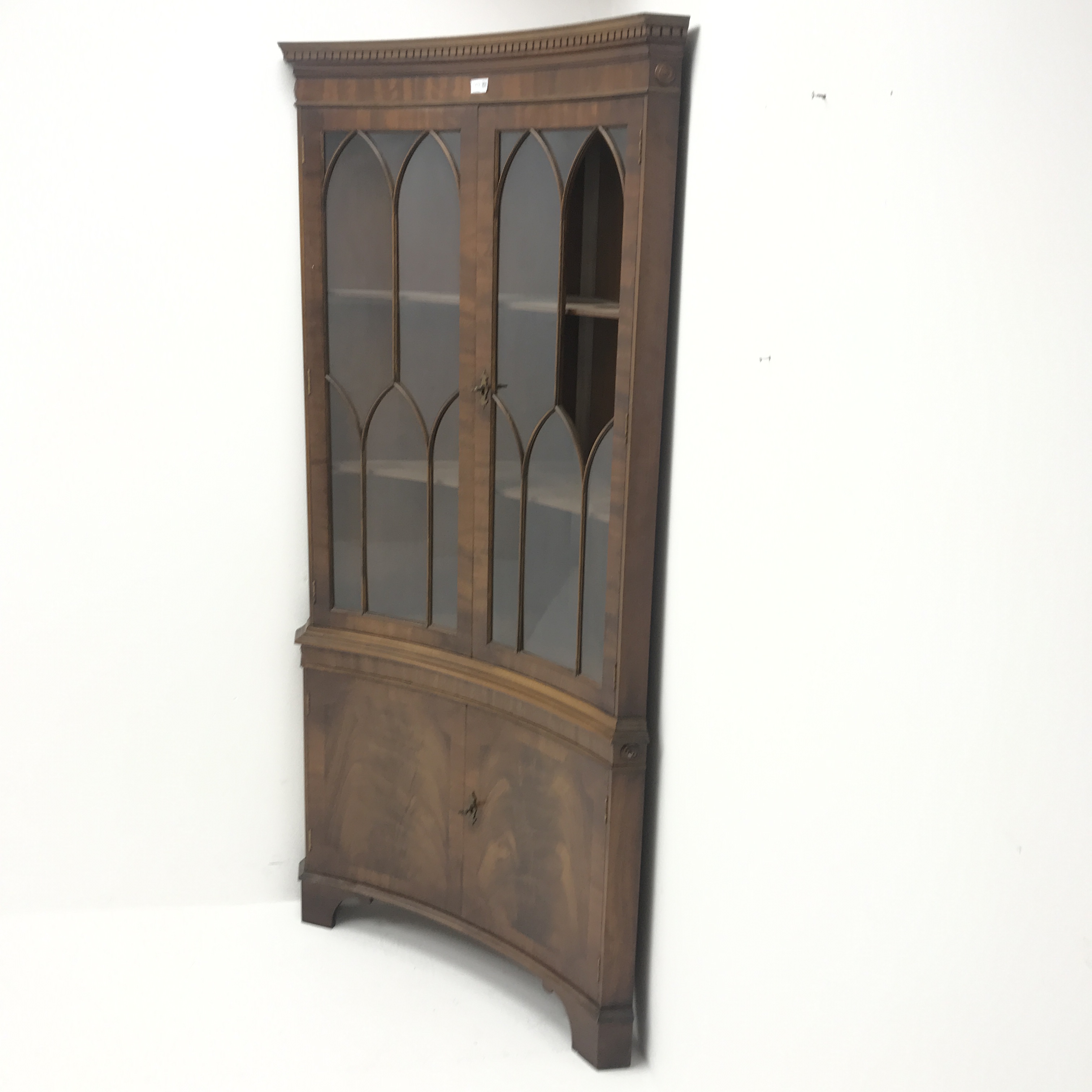 20th century figured mahogany double corner cabinet, dentil frieze above two doors enclosing two she - Image 7 of 10
