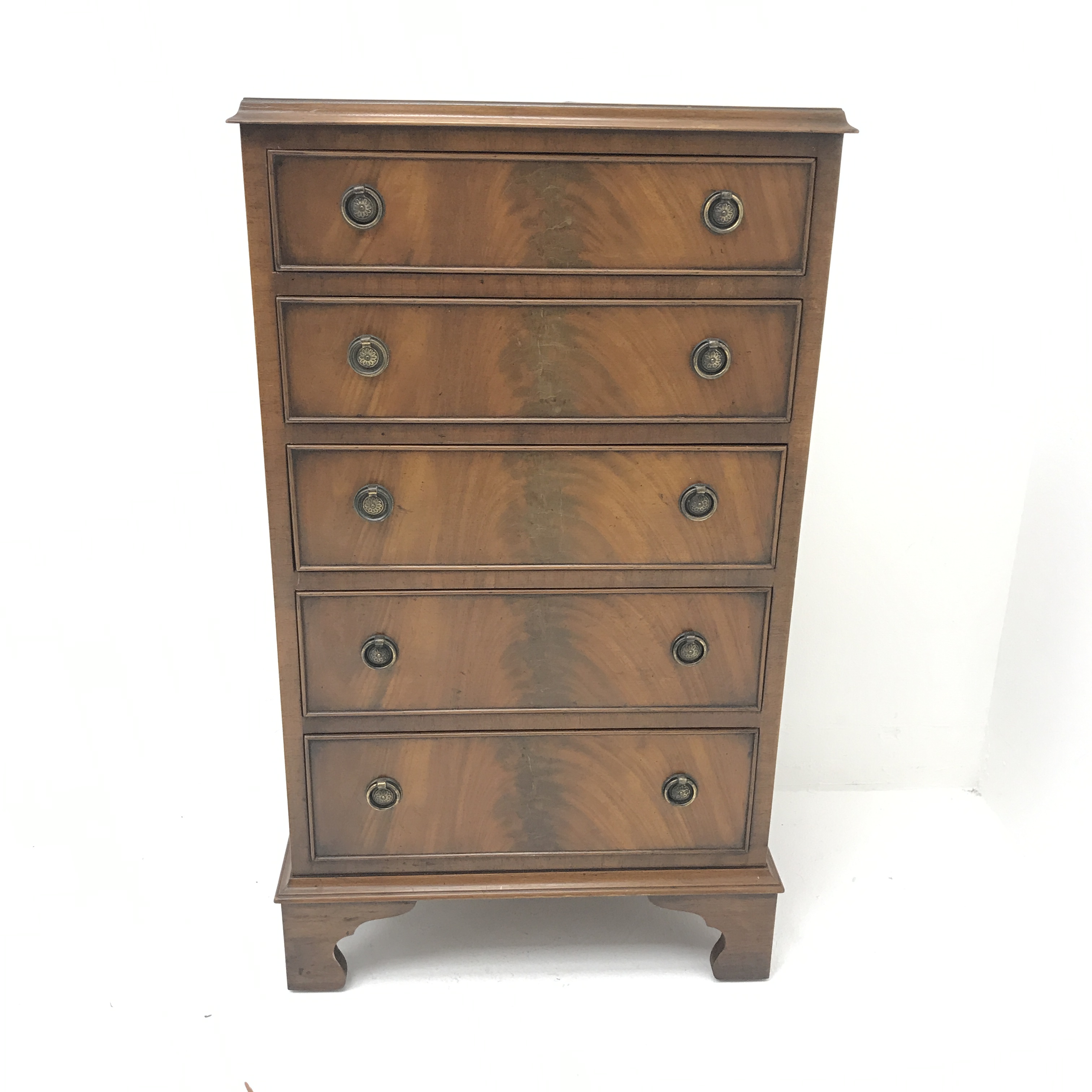 Regency style mahogany bow front chest, five graduating drawers, bracket shaped supports, W54cm, H93