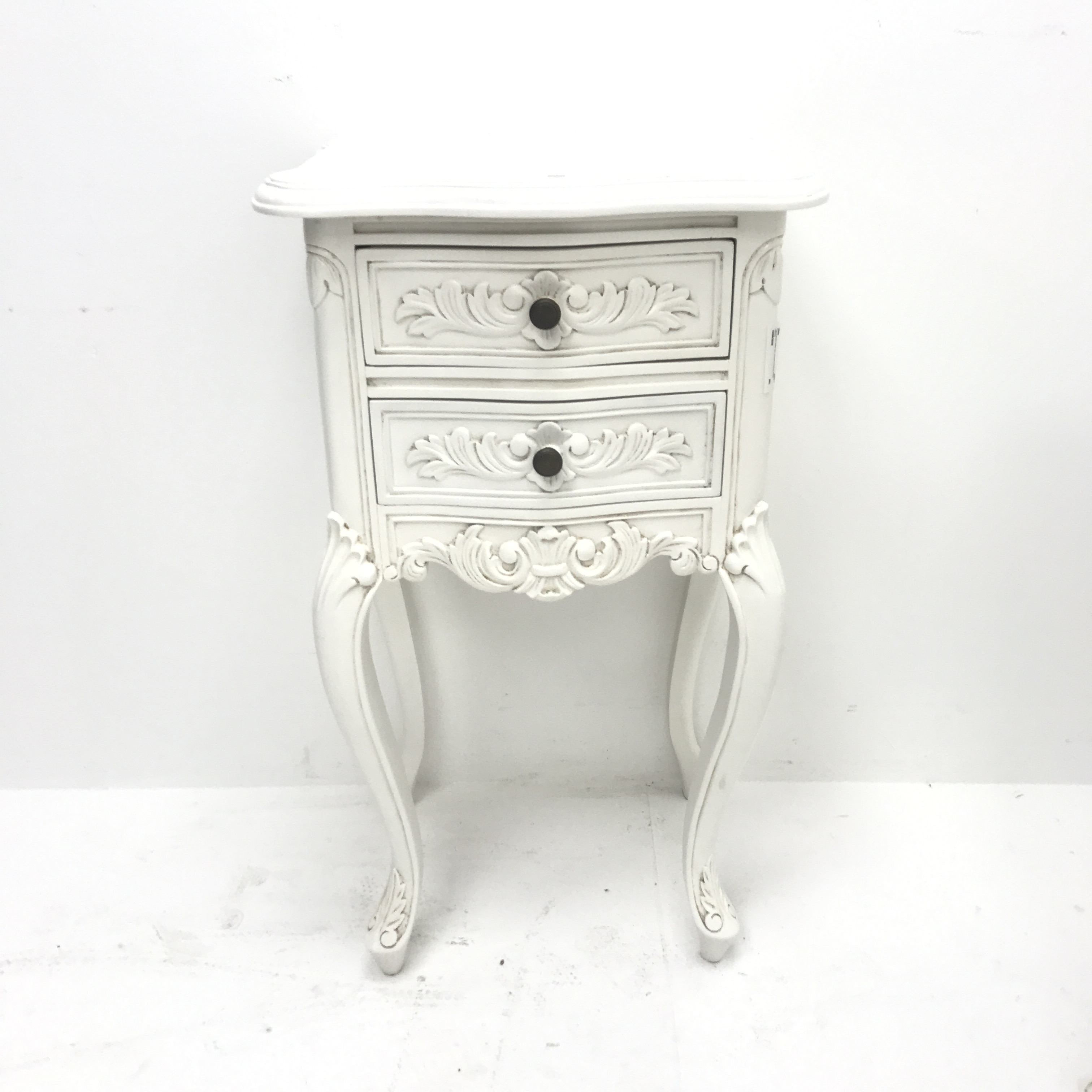 Pair French style two drawer bedside lamp chests, shaped top, two drawers, shell carved cabriole leg - Image 6 of 9