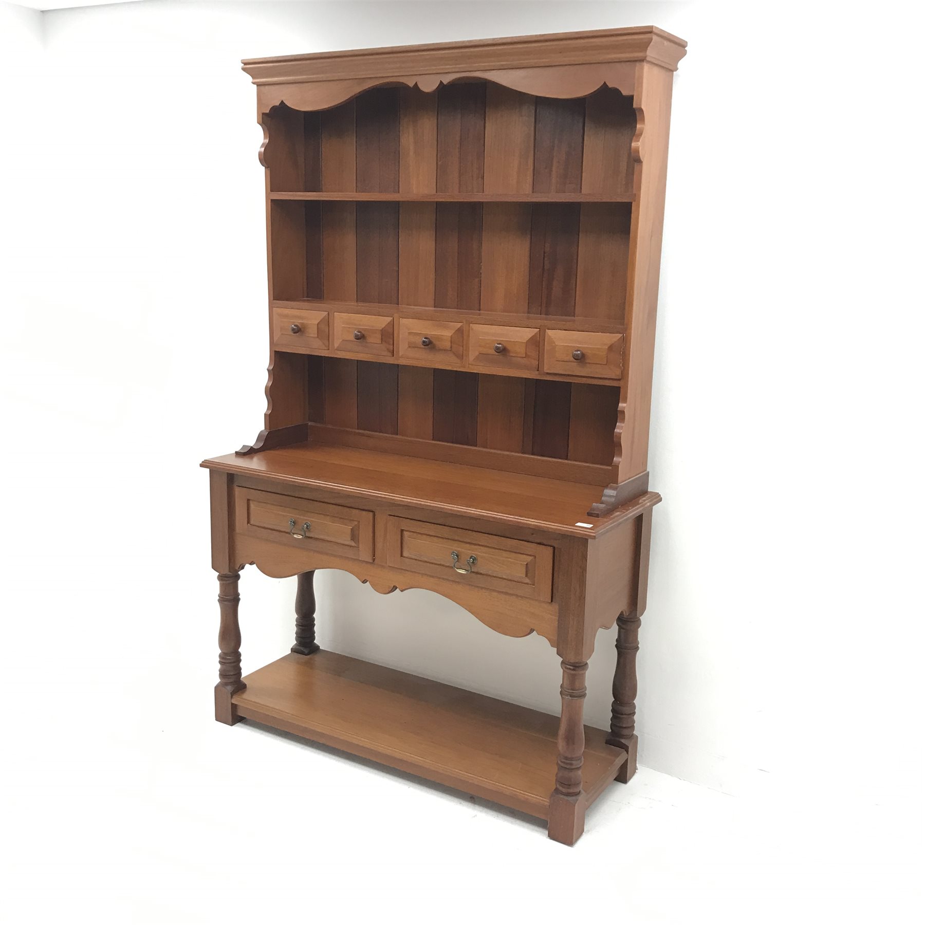 20th century mahogany dresser, raised two tier plate rack with five trinket and two drawers, turned - Image 2 of 10