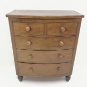 Victorian mahogany bow front chest, two short and three long drawers on turned supports, W102cm, H12